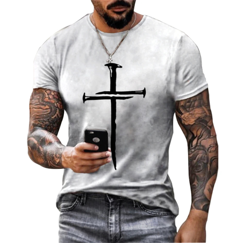 Camisola Masculina Verão com Estampa 3D de Cruz